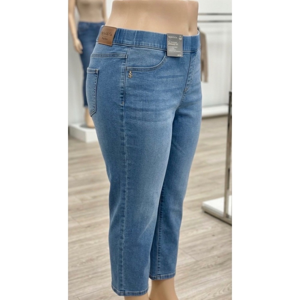 Style & Co Womens Petite PL High Rise Straight Leg Pull On Super Stretch Jeans